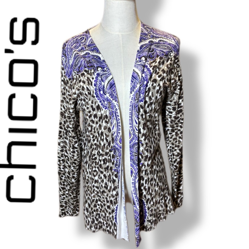 Chico's Regal Trim Leopard Jolie Dolman Cardigan in Pattern African Amethyst